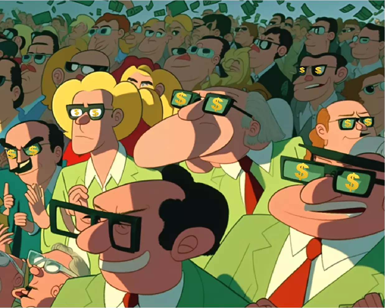 Crowd of greenwashers thinking $ greenwashers thinking money